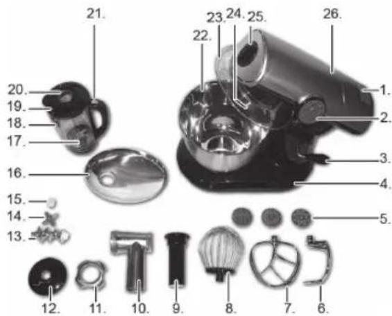 Labeled diagram of a kitchen appliance with numbered parts for identification
