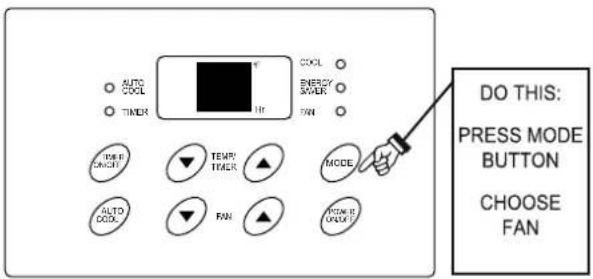 AUTO COOL TIMER COOL ENERGY SWATER FAN POWER COOL TEMP TRACK MODE AUTO COOL FAN POWER IS UNLOCK DO THIS: PRESS MODE BUTTON CHOOSE FAN
