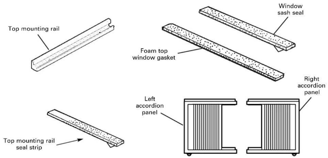 Top mounting rail Window sash seal Foam top window gasket Right accordion panel Left accordion panel Top mounting rail seal strip