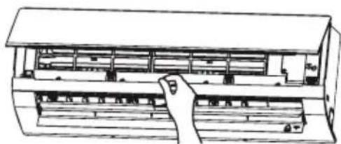Line drawing of a multi-level air conditioner unit with a hand adjusting the tray (no text or symbols)