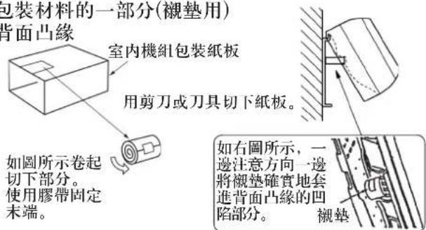 包裝材料的一部分(襯墊用) 背面凸緣 室內機組包裝紙板 用剪刀或刀具切下紙板。 如圖所示卷起 切下部分。 使用膠帶固定 末端。 如右圖所示,一 邊注意方向一邊 將襯墊確實地套 進背面凸緣的凹 陷部分。 襯墊