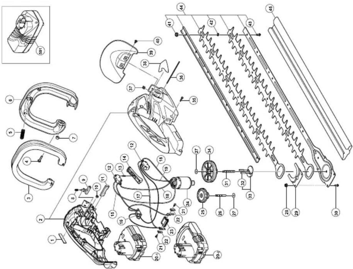 Exploded view diagram of a mechanical device with numbered components and an inset image of a component labeled 501.