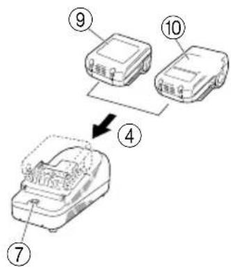 Diagram showing three labeled electronic devices (⑨, ⑩, ④) with numbered parts and a downward arrow indicating a process or transformation.