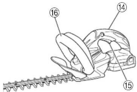Technical diagram of a hedge shaver with numbered parts labeled 14, 15, and 16