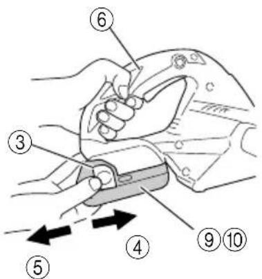 Diagram showing a hand holding a tool with numbered parts labeled 3 through 10, indicating a mechanical or electrical component.