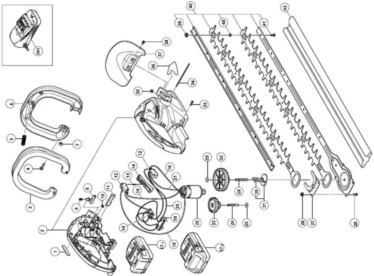 Exploded view diagram of a mechanical assembly with numbered components and exploded view