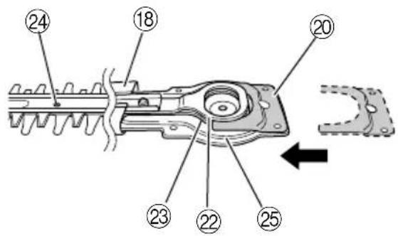 Technical diagram of a mechanical component with numbered parts and directional arrow indicating motion or assembly.