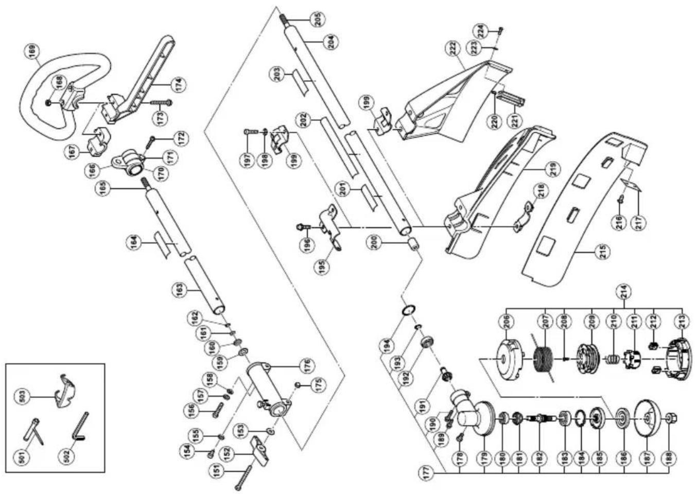 Exploded view diagram of a mechanical assembly with numbered parts and exploded views