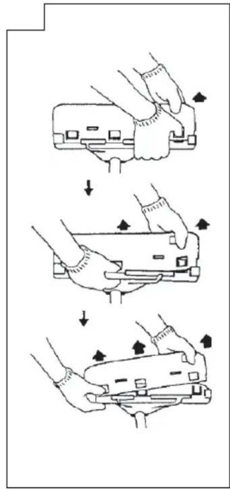 Diagram illustrating three-step mechanical assembly steps with directional arrows indicating motion
