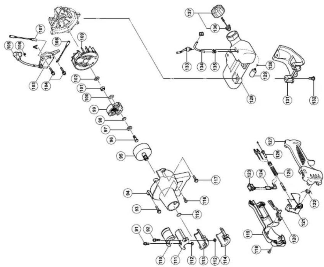 Exploded view diagram of a mechanical assembly with numbered parts and labeled components