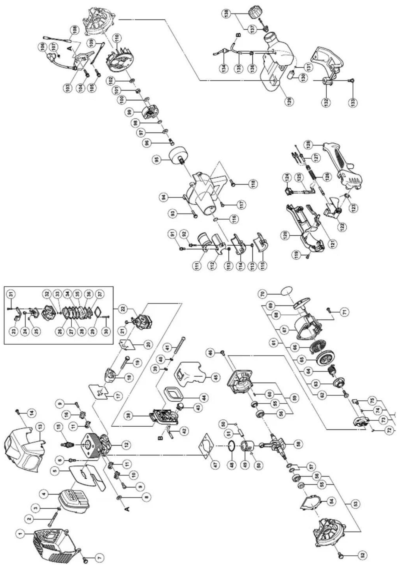 Exploded view diagram of a vehicle engine assembly with numbered components and exploded views