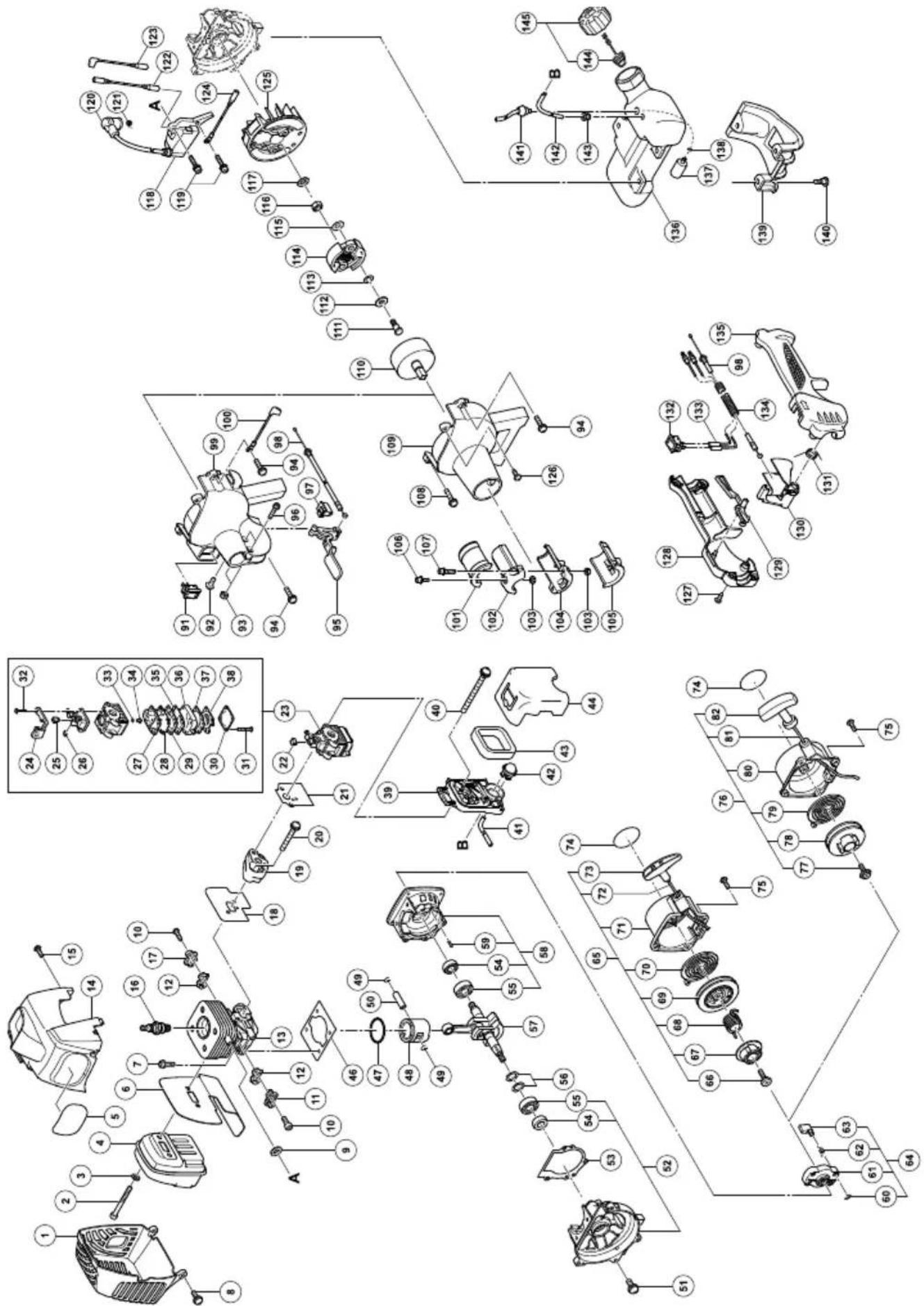 Exploded view diagram of a mechanical assembly with numbered components and exploded views