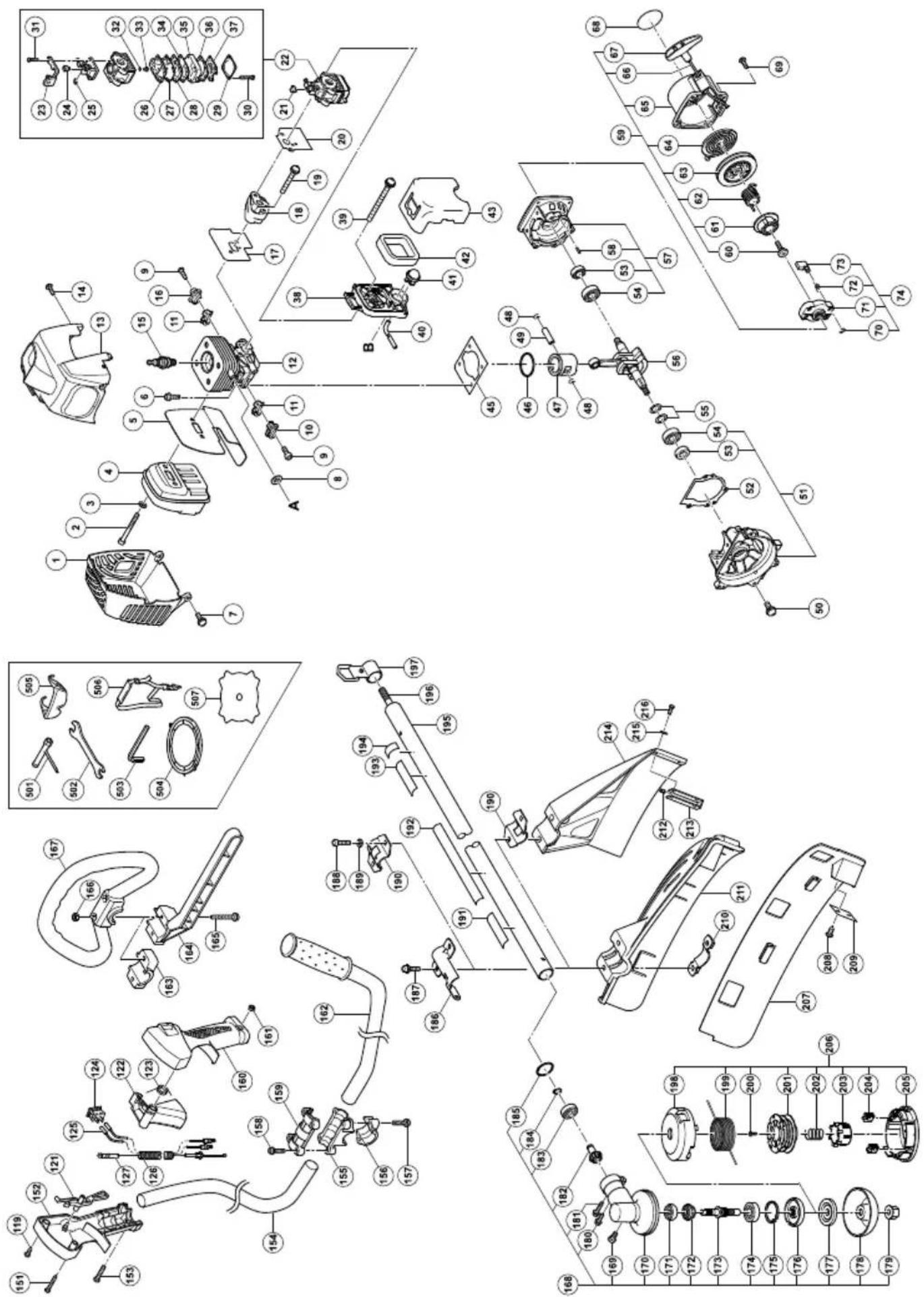 Exploded view diagram of a mechanical assembly with numbered parts and exploded views