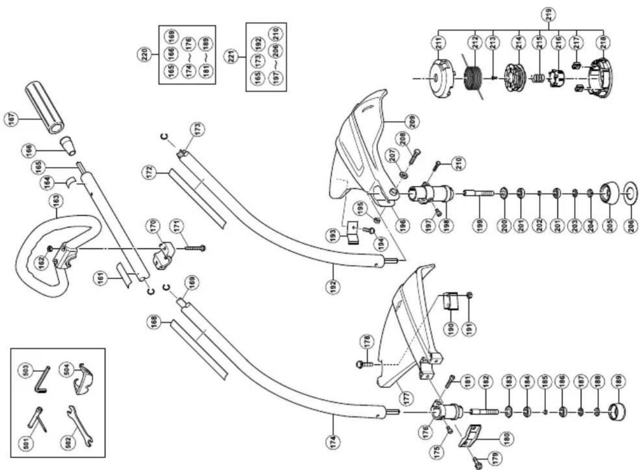 Technical diagram of a mechanical assembly with numbered parts and exploded views, including disassembled components and assembly details.