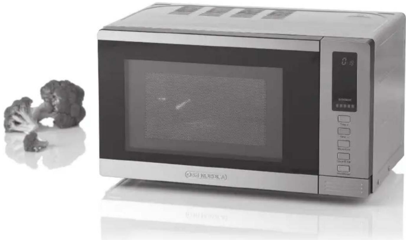 Exterior view of a modern microwave oven with a broccoli roll beside it (no visible text or symbols on the main subject)