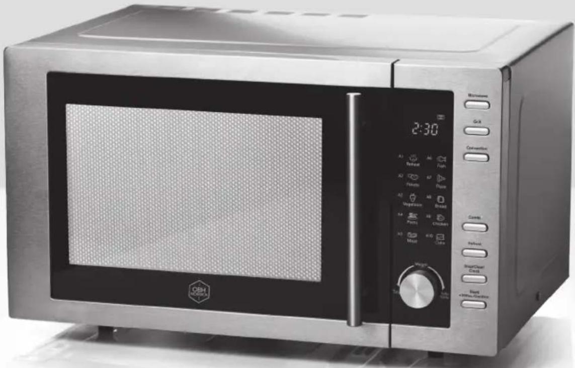 Exterior view of a modern microwave oven with digital display and control buttons (no visible text or symbols on main body)