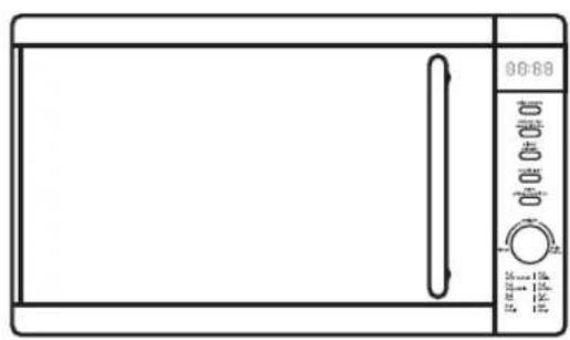 Line drawing of a microwave oven with control panel and door (no text or symbols)