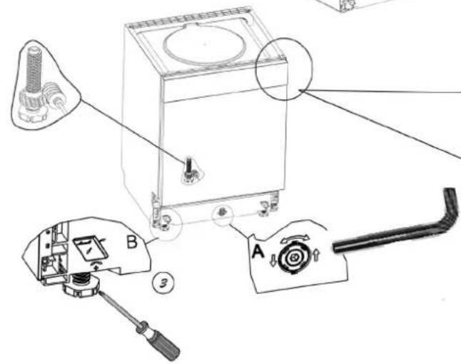 Technical diagram of a mechanical device with labeled parts A and B, showing exploded view and component layout.