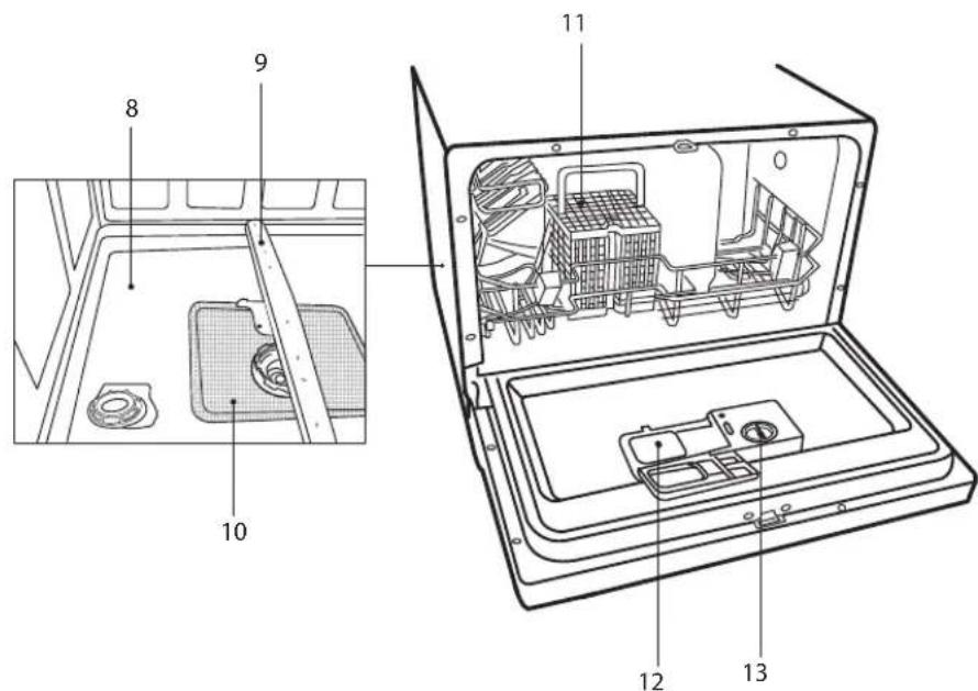 Technical diagram of an open laptop case with numbered components and internal compartments