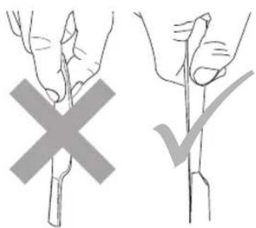 Diagram showing two hand positions with a cross and checkmark, indicating incorrect or incorrect methods for drawing or drawing.