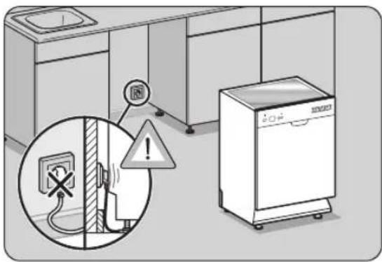Diagram showing a kitchen appliance with an electric plug, warning sign, and a battery unit, accompanied by a warning symbol.
