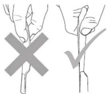 Diagram showing two hand positions: one with a cross mark and another with a checkmark, illustrating correct and incorrect handling or testing procedures.