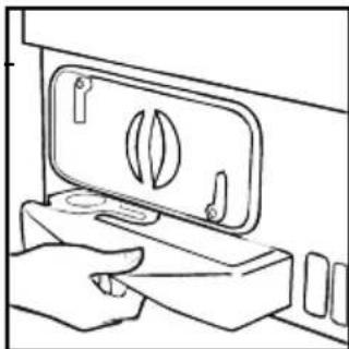 Line drawing of a hand pressing down on a wall-mounted device with a leaf-shaped lid (no text or symbols)