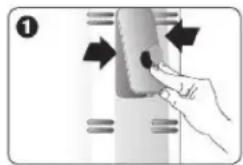 Diagram showing a hand pressing a button on a device, with directional arrows indicating movement or force.