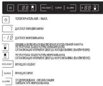 88 HOLIDAY SUPER ALARM -88 ПЕРЕКПИЧАТЕЛЬ ВКЛ. / ВЫКЛ. 7 ДАСПЛЕЯ ХОЛОДИНЬНИКА -18 ДАСПЛЕЯ МОРОЗИЛЬНИКА КЛАМИНА ВЫКЛИЖЕННОЯ КУХОДИНЬНОЙ КАМЕРЫ РЕГУПРОВОКА ТЕМПЕРАТУРЫ ХОЛОДИНЬНИКА СИГНАЛИЗАЦИЯ ОТКРЫТОМ ДВЕРЬЬ ХОЛОДИНЬНИКА (ВЫКЛЮЧЕННЕ) РЕГУПРОВОКА ТЕМПЕРАТУРЫ МОРОЗИЛЬНИКА СИГНАЛИЗАЦИЯ ОТКРЫТОМ ДВЕРЬЬ МОРОЗИЛЬНИКА (ВЫКЛЮЧЕННЕ) HOLIDAY ФУНКЦИЯ НОЛОДАУ SUPER ФУНКЦИЯ SUPER ALARM ПРЕДУПРЕЖДЕНИЕ СИГНАЛИЗАЦИЯ ТЕМПЕРАТУРА МОРОЗИЛЬНИКА
