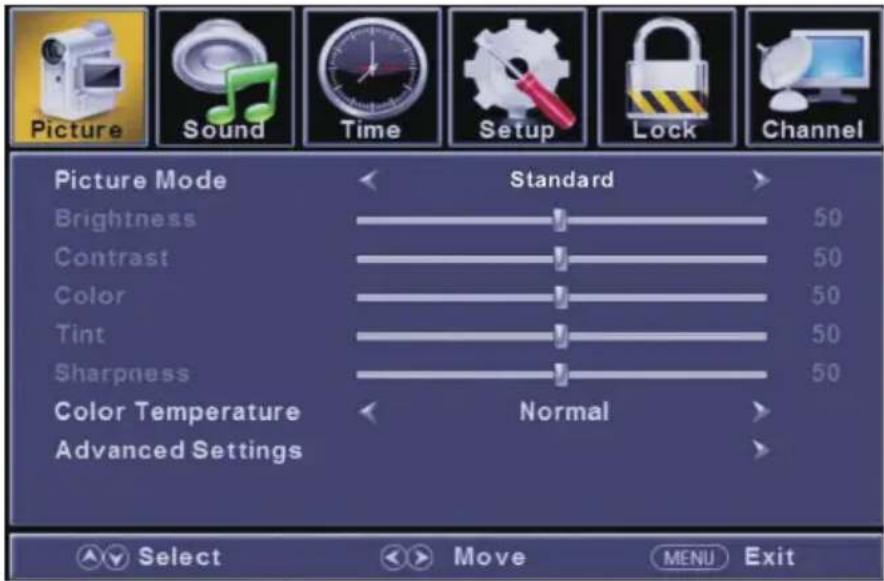 Picture Sound Time Setup Lock Channel Picture Mode Standard Brightness 50 Contrast 50 Color 50 Tint 50 Sharpness 50 Color Temperature Normal Advanced Settings Select Move MENU Exit