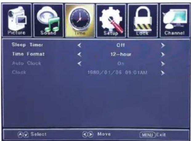 Picture Sound Time Setup Lock Channel Sleep Timer Off Time Format 12-hour Auto Clock On Clock 1980/01/05 09:01AM Select Move MENU Exit
