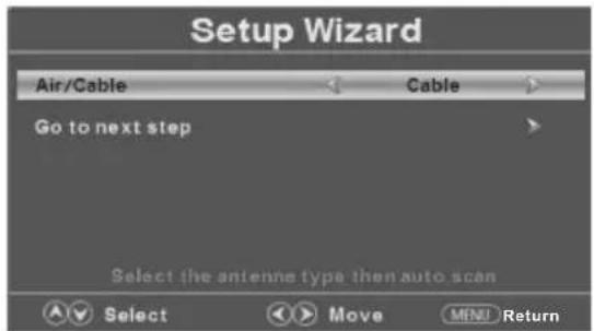 Setup Wizard Air/Cable Cable Go to next step Select the antenna type then auto scan Select Move MENU Return