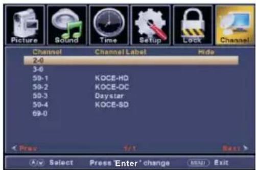 Picture Sound Time Setup Lock Channel Channel Label Hide 2-0 3-0 50-1 KOCE-HD 50-2 KOCE-OC 50-3 Day star 50-4 KOCE-SD 69-0 Prev 3/1 Next > ✓ Select Press 'Enter' change OKU Exit