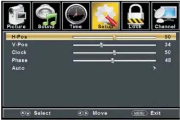 Picture Sound Time Setup Lock Channel H-Pos 50 V-Pos 34 Clock 50 Phase 48 Auto Select Move MENU Exit