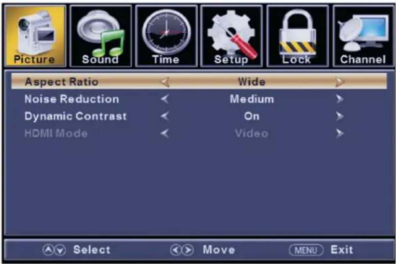 Picture Sound Time Setup Lock Channel Aspect Ratio Wide Noise Reduction Medium Dynamic Contrast On HDMI Mode Video Select Move MENU Exit