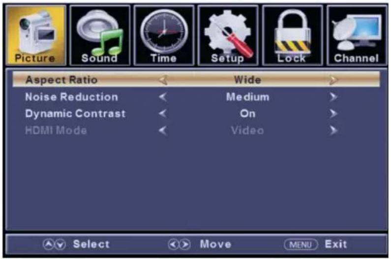 Picture Sound Time Setup Lock Channel Aspect Ratio Wide Noise Reduction Medium Dynamic Contrast On HDMI Mode Video Select Move MENU Exit