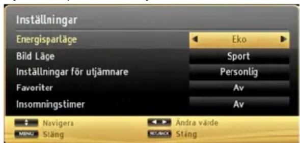 Inställningar Energispartläge Bild Läge Inställningar för utjämnare Favoriter Insomningstimer Eko Sport Personlig Av Av Navigera Ändra värde MENU Stäng REBACK STäng