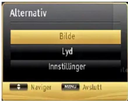 Alternativ Bilde Lyd Innstillinger Navigator MENU Avslutt