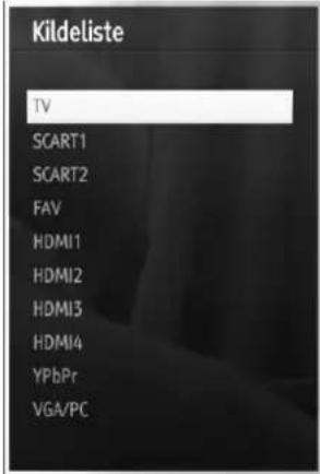 Kildeliste TV SCART1 SCART2 FAV HDMI1 HDMI2 HDMI3 HDMI4 YPbPr VGA/PC