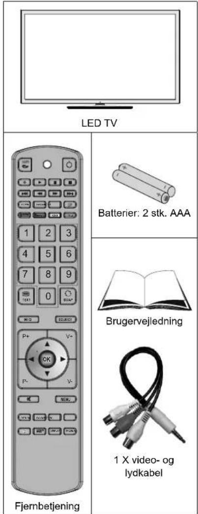 LED TV Batterier: 2 stk. AAA Brugervejledning 1 X video- og lydkabel Fjernbetjening