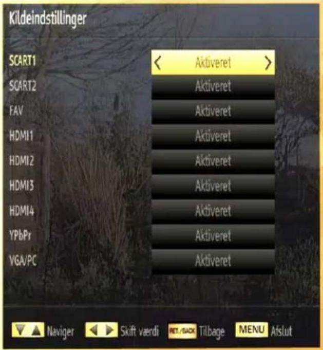 Kildeindstillinger SCART1 < Aktiveret > SCART2 Aktiveret FAV Aktiveret HDMI1 Aktiveret HDMI2 Aktiveret HDMI3 Aktiveret HDMI4 Aktiveret YPbPr Aktiveret VGA/PC Aktiveret Navigator Skift vaerdi RET/BACK Tilbage MENU Afslut