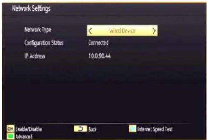 Network Settings Network Type < Wired Device > Configuration Status Connected IP Address 10.0.90.44 OK Enable/Disable Back Internet Speed Test Advanced