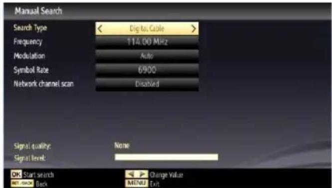 Manual Search Search Type < Digital Cable > Frequency 114.00 MHz Modulation Auto Symbol Rate 6900 Network channel scan Disabled Signal quality: None Signal level: OK Start search NET SHOW Back Change Value MENU Exit