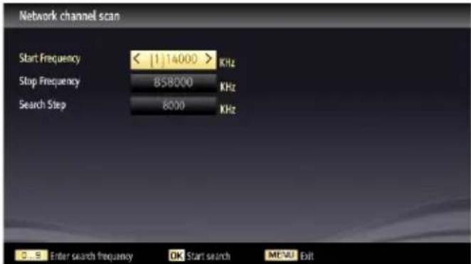 Network channel scan Start Frequency < 114000 > KHz Stop Frequency 858000 KHz Search Step 8000 KHz ... Enter search frequency OK Start search ME-VU Exit