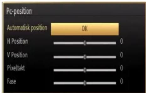Pc-position Automatisk position OK H Position 0 V Position 0 Pixelakt 0 Fase 0