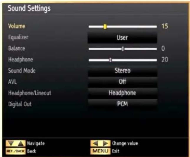 Sound Settings Volume 15 Equalizer User Balance 0 Headphone 20 Sound Mode Stereo AVL Off Headphone/Lineout Headphone Digital Out PCM Navigate Back Change value MENU Exit