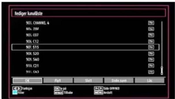 Rediger kanalliste 901. CHANNEL 4 901. ZOF 901. C07 901. C12 901. S15 901. S20 901. S40 910. C21 911. C43 OK FlyT Skift Index name Lis Fumbrux Filter Go på Törsåte Side OPPRCD Restadt