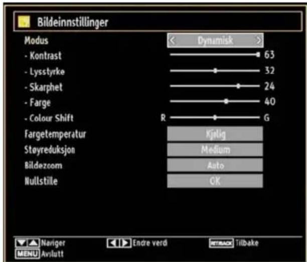 Bildeinnstillinger Modus - Kontrast - Lysstyrke - Skarphet - Farge - Colour Shift Targetemperatur Støyreduksjon Bildezoom Nullstile Dynamisk 63 32 24 40 R G Kjelig Medium Auto OK