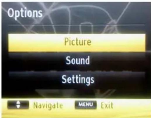 Options Picture Sound Settings Navigate MENU Exit