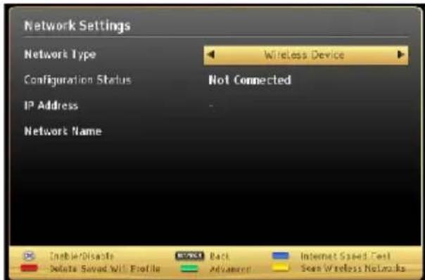 Network Settings Network Type Wireless Device Configuration Status Not Connected IP Address Network Name Inhibits/Disable Back Internet Speed Test Delete Saved Wi-Fi Profile Advanced Seen Wireless Networks